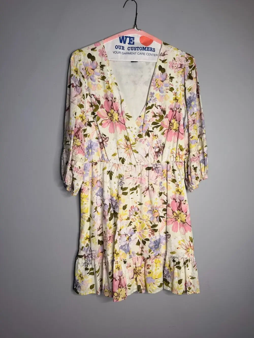Sanctuary Floral V-Neck Long Sleeve Mini Dress Size 12 Yellow Multi